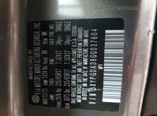 5XYPGDA38GG037604 2016 KIA SORENTO Silver VIN sticker view