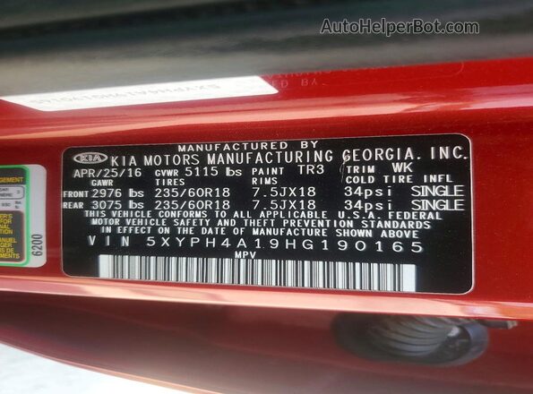 5XYPH4A19HG190165 2017 KIA SORENTO Red Widok naklejki z numerem VIN