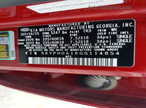 5XYPHDA16GG114854 2016 KIA SORENTO Бордовый Вид наклейки с VIN-кодом