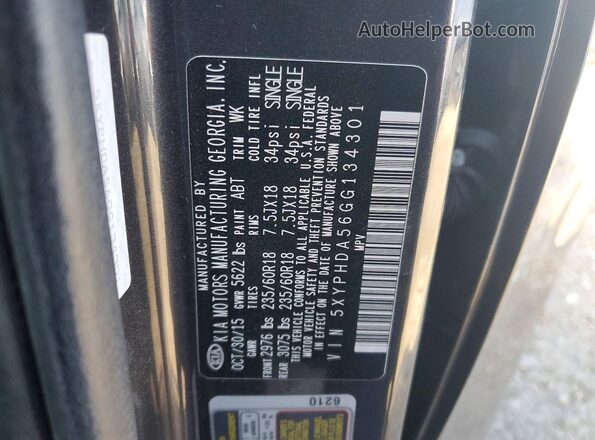 5XYPHDA56GG134301 2016 KIA SORENTO Серый Вид наклейки с VIN-кодом
