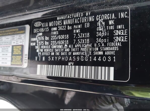 5XYPHDA59GG144031 2016 KIA SORENTO Black Widok komory silnika