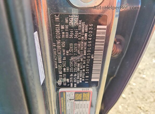 5XYPHDA59LG640036 2020 KIA SORENTO Gray Vista de la etiqueta del VIN