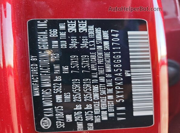 5XYPKDA58GG117047 2016 KIA SORENTO Red VIN კოდის სტიკერის ხედი