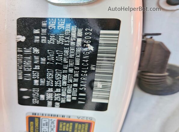 5XYRG4LC4NG076032 2022 KIA SORENTO White Vista de la etiqueta del VIN