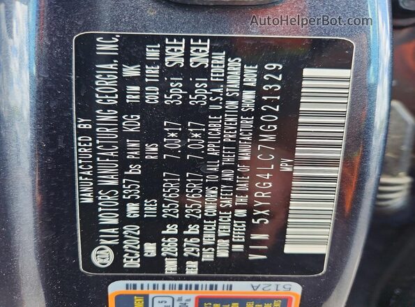 5XYRG4LC7MG021329 2021 KIA SORENTO Серый Вид наклейки с VIN-кодом