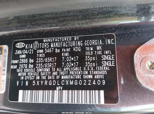5XYRGDLCXMG022409 2021 KIA SORENTO Черный Вид подкапотного пространства
