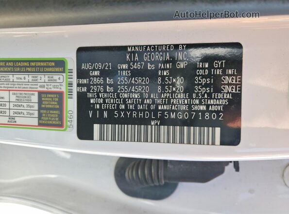 5XYRHDLF5MG071802 2021 KIA SORENTO Белый Вид наклейки с VIN-кодом