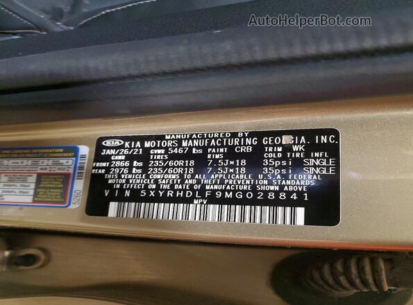 5XYRHDLF9MG028841 2021 KIA SORENTO Золотой Вид наклейки с VIN-кодом
