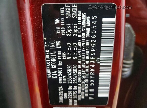 5XYRK4JF9RG260545 2024 KIA SORENTO Burgundy Вид наклейки з VIN-кодом