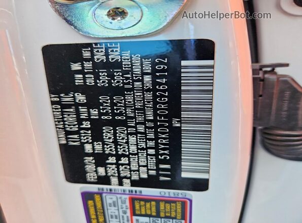 5XYRKDJF0RG264192 2024 KIA SORENTO Белый Вид наклейки с VIN-кодом