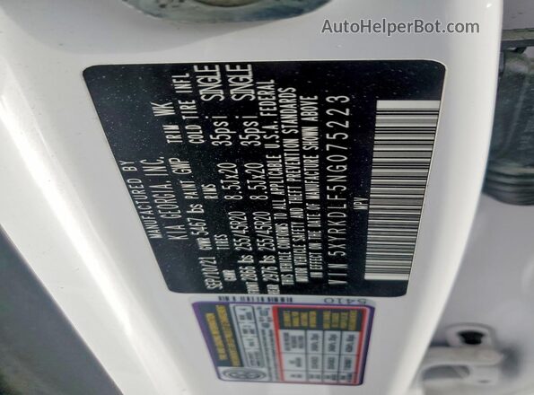 5XYRKDLF5NG075223 2022 KIA SORENTO White VIN კოდის სტიკერის ხედი