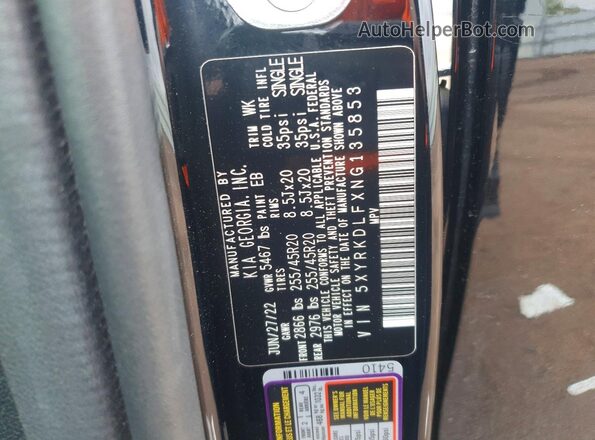 5XYRKDLFXNG135853 2022 KIA SORENTO Black Widok naklejki z numerem VIN