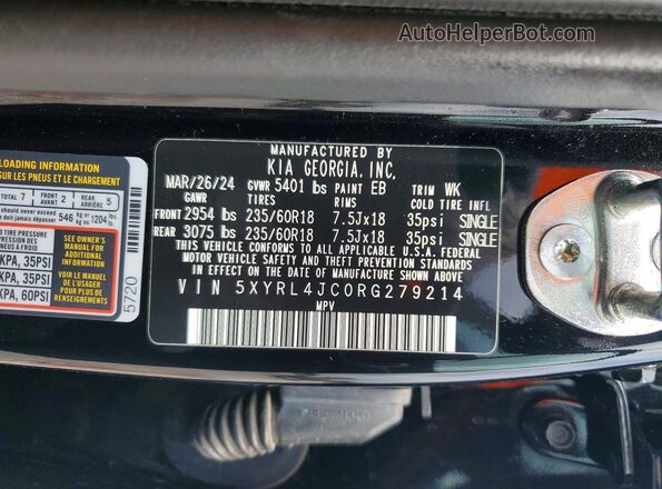 5XYRL4JC0RG279214 2024 KIA SORENTO Black Widok naklejki z numerem VIN