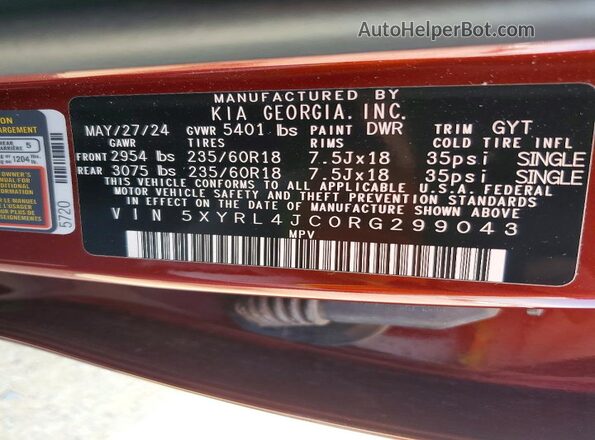 5XYRL4JC0RG299043 2024 KIA SORENTO Бордовый Вид подкапотного пространства