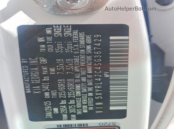 5XYRL4JC4SG367429 2025 KIA SORENTO Белый Вид наклейки с VIN-кодом