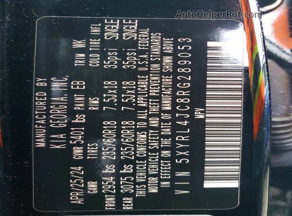 5XYRL4JC8RG289053 2024 KIA SORENTO Black Vista de la etiqueta del VIN