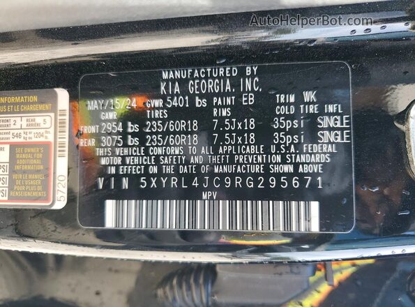 5XYRL4JC9RG295671 2024 KIA SORENTO Black Вид наклейки з VIN-кодом