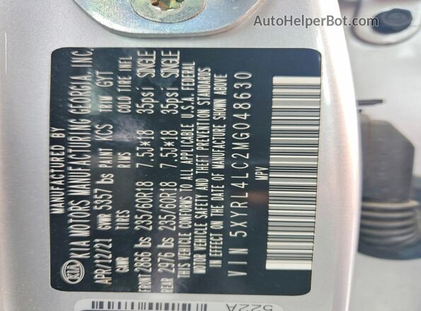 5XYRL4LC2MG048630 2021 KIA SORENTO Silver Вид наклейки з VIN-кодом