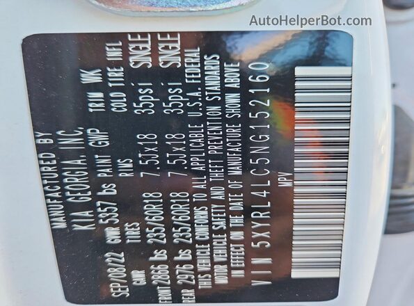 5XYRL4LC5NG152160 2022 KIA SORENTO White Widok naklejki z numerem VIN