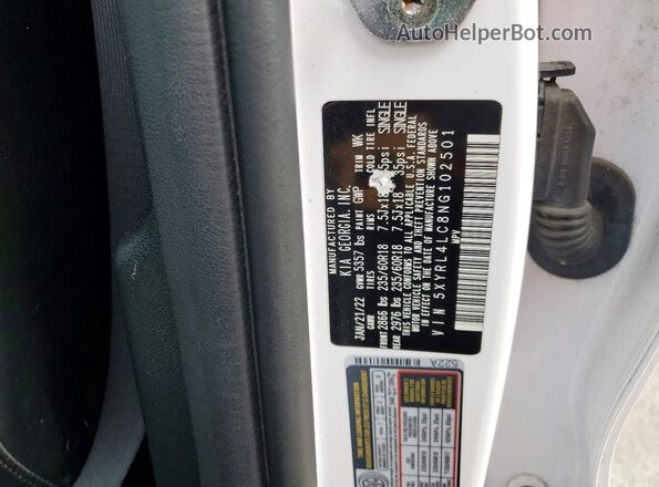 5XYRL4LC8NG102501 2022 KIA SORENTO White VIN sticker view