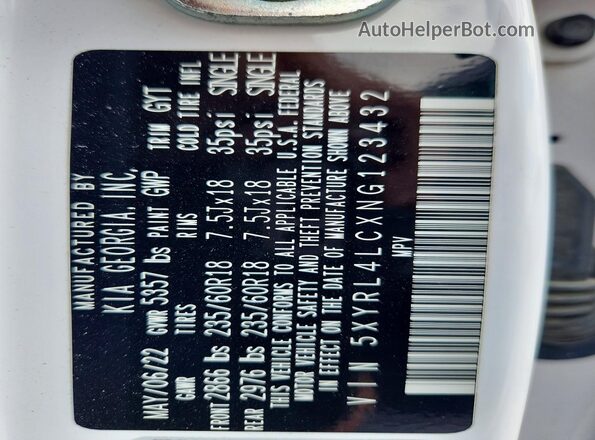 5XYRL4LCXNG123432 2022 KIA SORENTO Белый Вид наклейки с VIN-кодом
