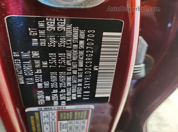 5XYRLDJC3RG270703 2024 KIA SORENTO Burgundy Widok wnętrza 360 stopni