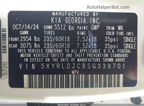 5XYRLDJC8SG339701 2025 KIA SORENTO White Widok komory silnika
