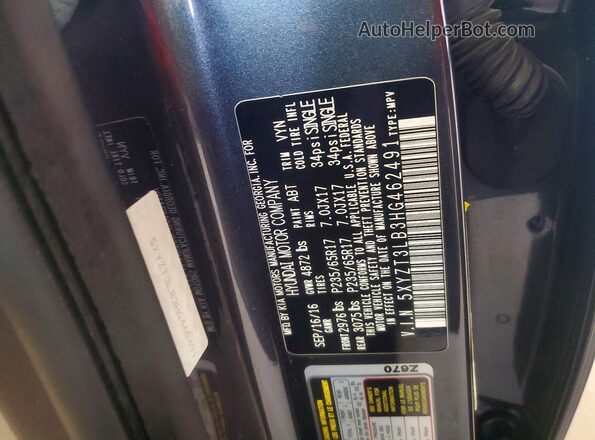 5XYZT3LB3HG462491 2017 HYUNDAI SANTA Gray Widok naklejki z numerem VIN