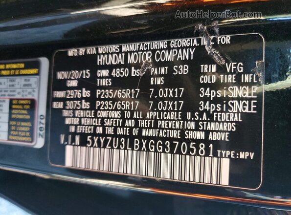 5XYZU3LBXGG370581 2016 HYUNDAI SANTA Черный Вид наклейки с VIN-кодом