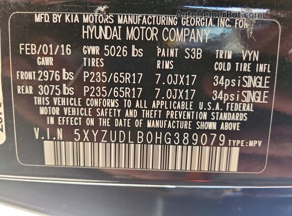 5XYZUDLB0HG389079 2017 HYUNDAI SANTA Черный Вид наклейки с VIN-кодом