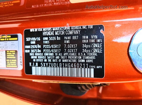 5XYZUDLB1HG460211 2017 HYUNDAI SANTA Оранжевый Вид наклейки с VIN-кодом