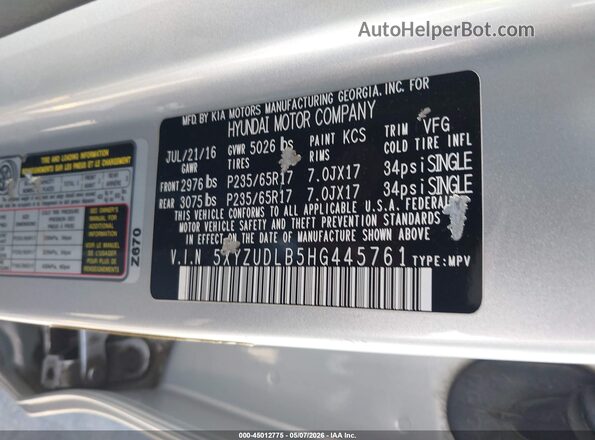 5XYZUDLB5HG445761 2017 HYUNDAI SANTA FE SPORT Silver Շարժիչի բաժամունքի տեսք