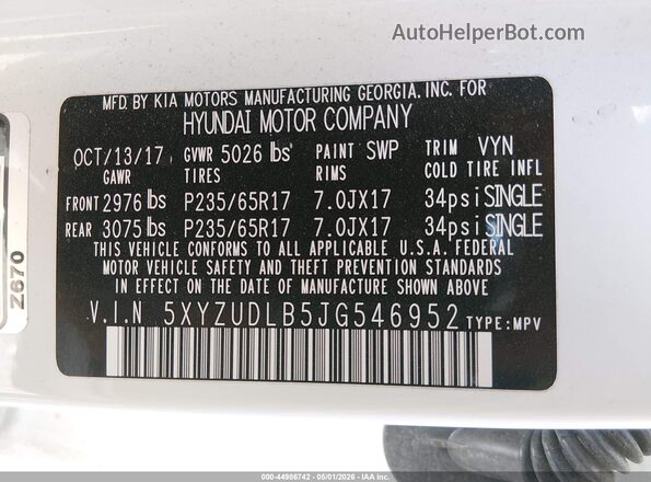 5XYZUDLB5JG546952 2018 HYUNDAI SANTA FE SPORT White Widok komory silnika