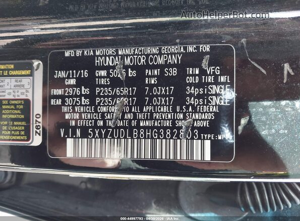 5XYZUDLB8HG382803 2017 HYUNDAI SANTA FE SPORT Черный Вид подкапотного пространства