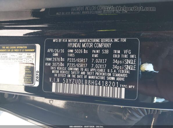 5XYZUDLB8HG418201 2017 HYUNDAI SANTA FE SPORT Черный Вид подкапотного пространства