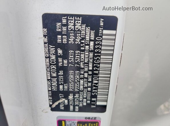 5XYZWDLA2JG513330 2018 HYUNDAI SANTA White Widok naklejki z numerem VIN