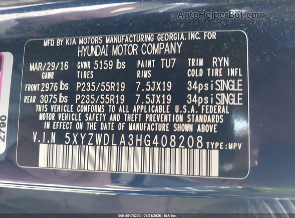 5XYZWDLA3HG408208 2017 HYUNDAI SANTA FE SPORT Blue Շարժիչի բաժամունքի տեսք