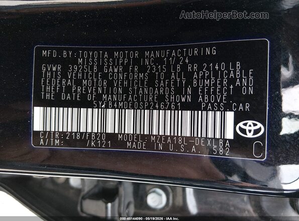 5YFB4MDE0SP246761 2025 TOYOTA COROLLA Черный Вид подкапотного пространства