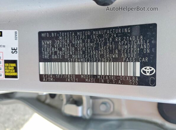 5YFB4MDE2SP229623 2025 TOYOTA COROLLA Серебряный Вид наклейки с VIN-кодом