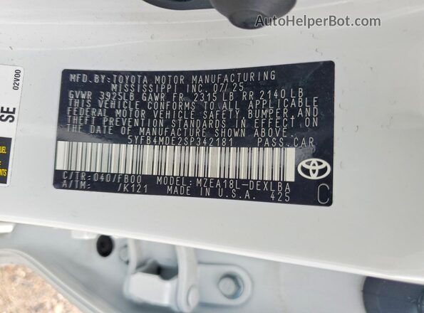 5YFB4MDE2SP342181 2025 TOYOTA COROLLA White Vista del compartimento del motor