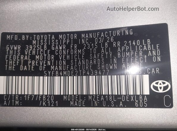 5YFB4MDE2TP439477 2026 TOYOTA COROLLA Серый Вид подкапотного пространства