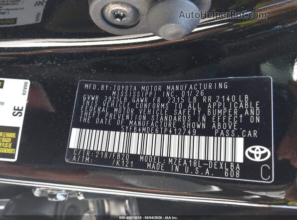 5YFB4MDE6TP412749 2026 TOYOTA LL Черный Вид подкапотного пространства