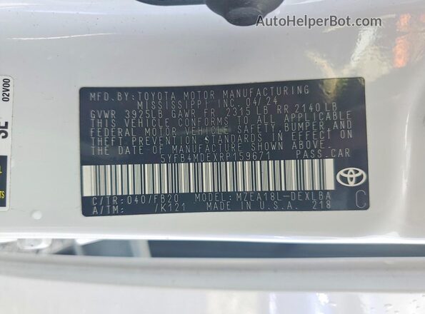 5YFB4MDEXRP159671 2024 TOYOTA COROLLA White Engine compartment view
