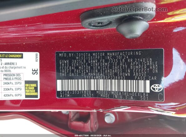5YFB4MDEXSP238893 2025 TOYOTA COROLLA Red Vista del compartimento del motor