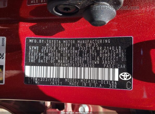 5YFB4MDEXTP366360 2026 TOYOTA COROLLA Red Շարժիչի բաժամունքի տեսք