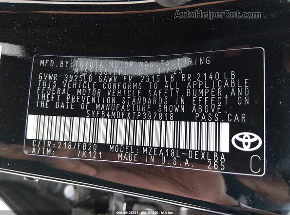 5YFB4MDEXTP397818 2026 TOYOTA COROLLA Black Вид підкапотного простору