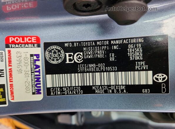 5YFB4RBE0LP010533 2020 TOYOTA COROLLA Blue Вид підкапотного простору