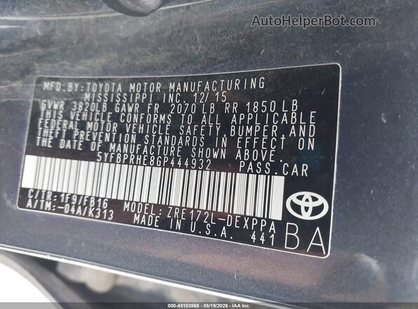 5YFBPRHE8GP444932 2016 TOYOTA COROLLA Серый Вид подкапотного пространства