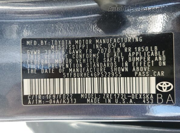 5YFBURHE4GP522955 2016 TOYOTA COROLLA Gray Вид підкапотного простору