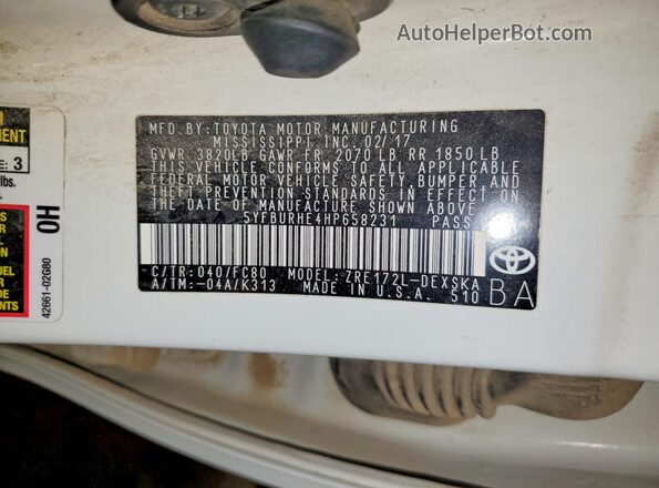 5YFBURHE4HP658231 2017 TOYOTA COROLLA Белый Вид наклейки с VIN-кодом